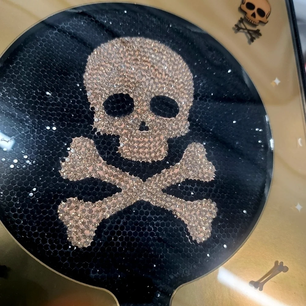 Glam Rhinestone Skull & Crossbone 5x Magnification Hand Held Mirror Halloween
